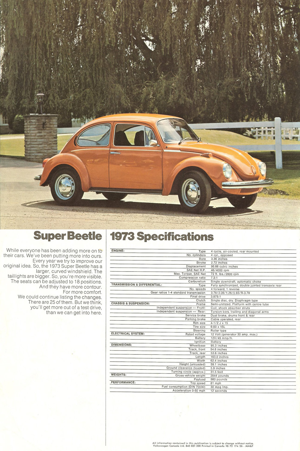 Canadian 1973 Super Beetle handout